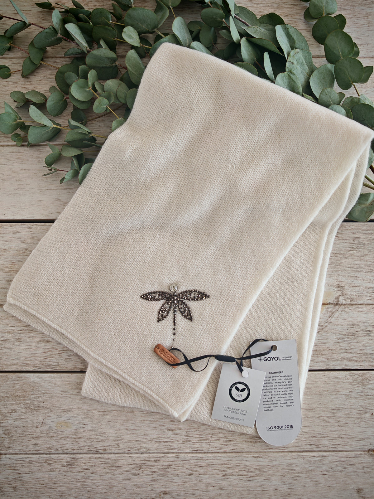 Kaschmirschal mit Libellenverzierung – Offwhite