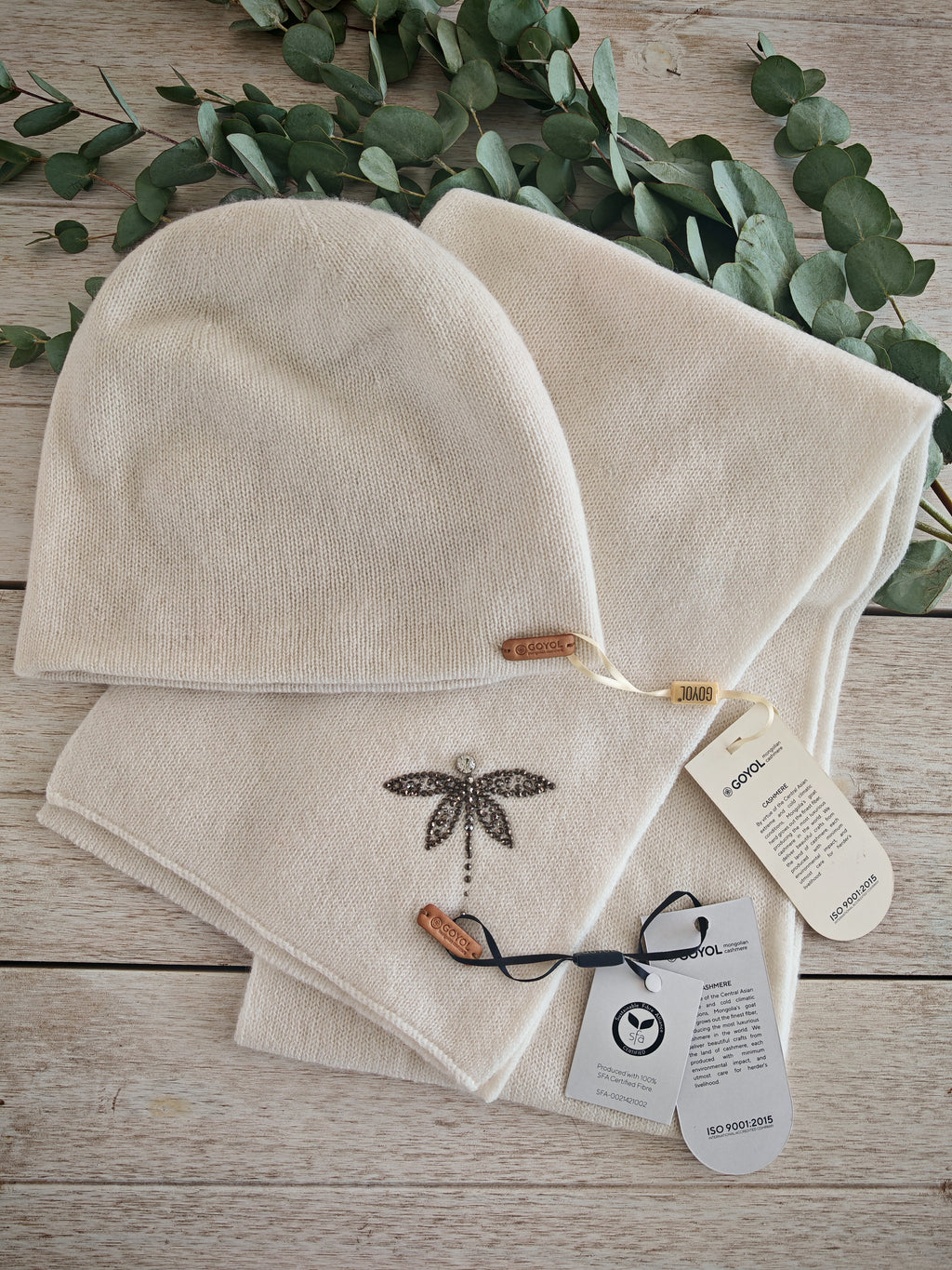 Kaschmirschal mit Libellenverzierung – Offwhite